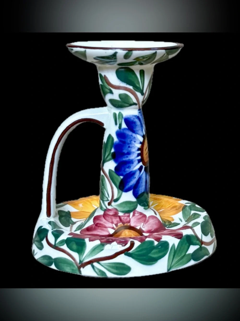 Vintage SMF Schramberger Germany Hand Painted Floral Chamberstick Candle Holder